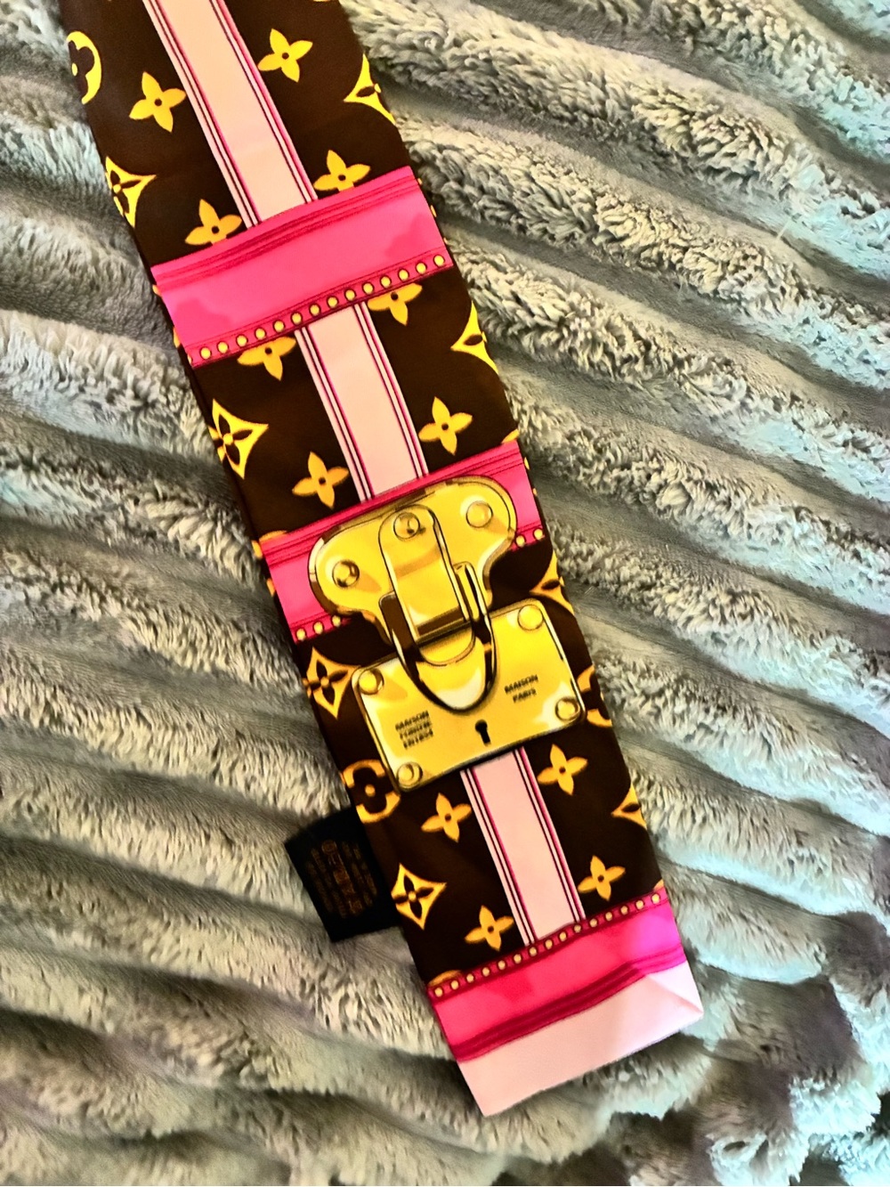 Monogram Print Silk Scarf Tie with Pink & Gold Accents Designer LV - Picture 4 of 7
